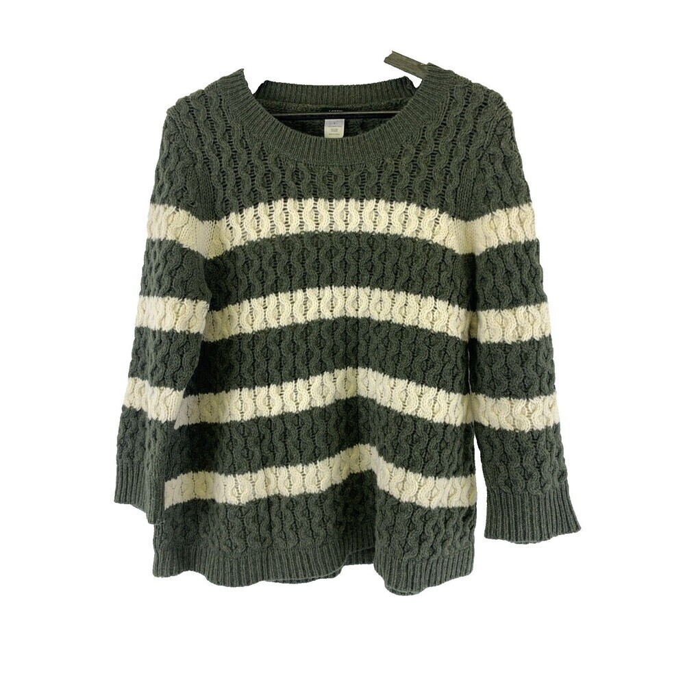 J‎ Crew Chunky Knit Merino Wool Sweater Green White Striped 55197 Womens Large